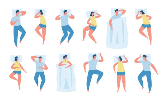 Characters in different sleeping poses, comfortable sleep positions. Men and women lying in bed on pillow, people resting vector set