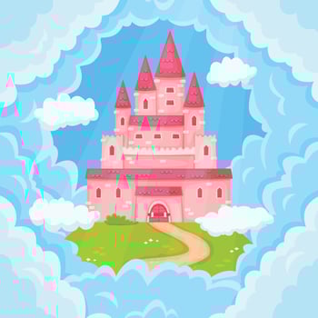 Cartoon fairytale princess pink castle towers in clouds. Magic kingdom palace flying in sky, cute medieval fantasy mansion vector illustration