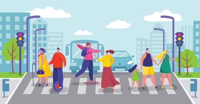 Group of people crossing city road, pedestrians walking on crosswalk. Characters cross street on pedestrian crossing Vector illustration