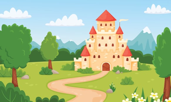 Cartoon medieval castle, fairytale landscape with princess palace. Magic kingdom fortress in forest, children fairy tale vector illustration