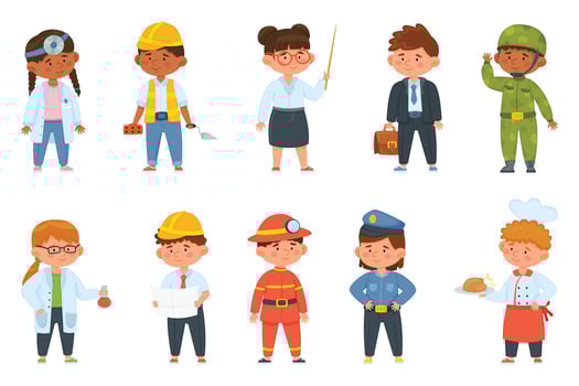 Cartoon kids of different professions, children in professional uniforms. Boy and girl firefighter, doctor, teacher, chef, engineer vector set