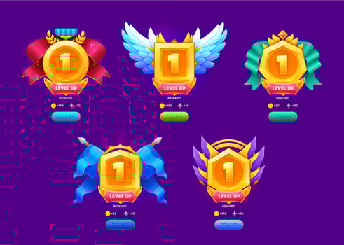 Level up award or reward badges and game assets vector