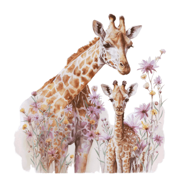Ai Generate Mom And Baby Giraffe Floral Watercolor Painting png