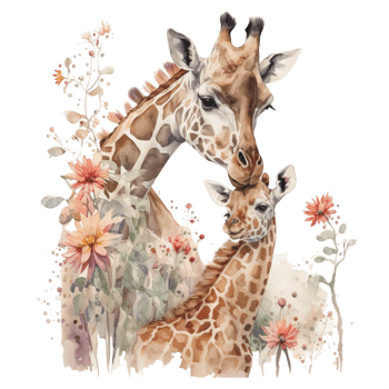 Ai Generate Mom And Baby Giraffe Floral Watercolor Painting png