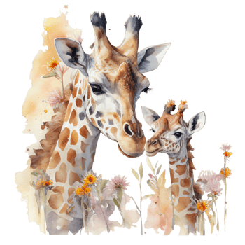 Ai Generate Mom And Baby Giraffe Floral Watercolor Painting png