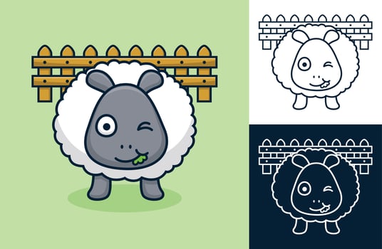Sheep eating grass on fence background. Vector cartoon illustration in flat icon style