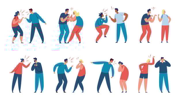 Couple quarrel, family conflict, angry men and women arguing. Couples fighting, characters yell at each other, relationship problems vector set