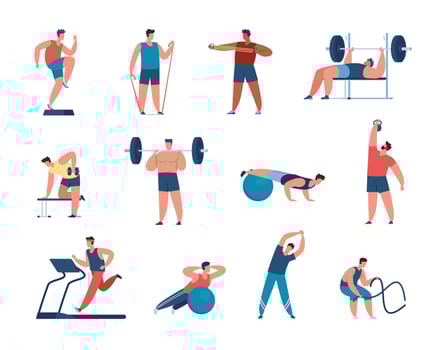 Athletic men training at gym, exercising with sport equipment. Male characters doing cardio exercises, lifting weights, workout vector set