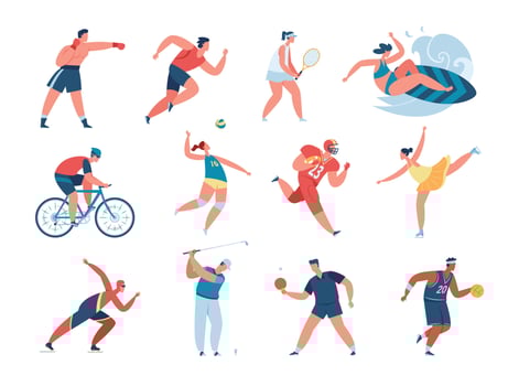 Characters doing sports activities, professional athletes training. Boxer and runner, people playing tennis, football, volleyball vector set