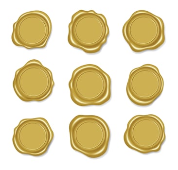 Golden wax seal, premium gold envelope stamp. Realistic royal letter seals, vintage certificate label, wax medallion guarantee stamps vector set