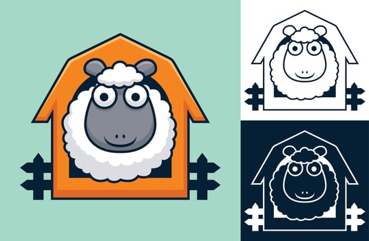 Funny sheep on cage. Vector cartoon illustration in flat icon style