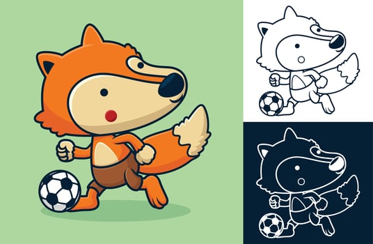 Funny fox playing soccer. Vector cartoon illustration in flat icon style