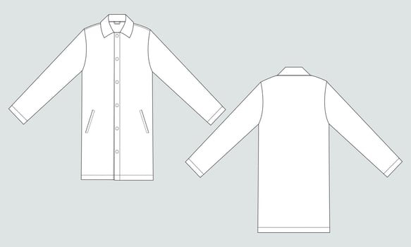 Long sleeve knee length coat jacket technical drawing fashion flat sketch vector illustration template front and back