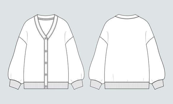 Cardigan Technical drawing fashion flat sketch vector illustration template front and back views isolated on white background