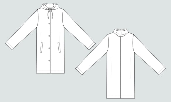 Long sleeve hoodie coat technical drawing fashion flat sketch vector illustration template front and back.