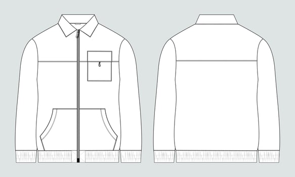 Long sleeve jacket with pocket and zipper technical fashion flat sketch vector illustration template front and back views.