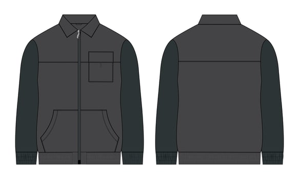 Two tone color Long sleeve jacket with pocket and zipper technical fashion flat sketch vector illustration template front and back views.