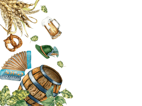 Board of wooden barrel, glass beer, accordion, hop vine watercolor illustration. Pretzel, wheat ear hand drawn. Design for beer festival, frame, menu, Octoberfest, St Patricks day png