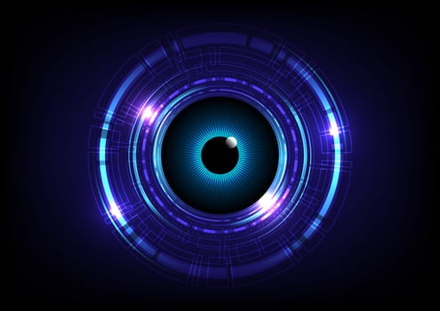 Abstract digital eye, data network and cyber security technology vector background. Futuristic tech of virtual cyberspace and internet secure surveillance, binary code digital eye or safety scanner.