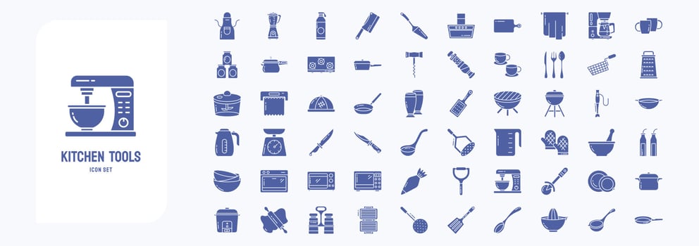 Kitchen Tools, including icons like Apron, Butcher knife, Cooker, Coffee mug and more vector