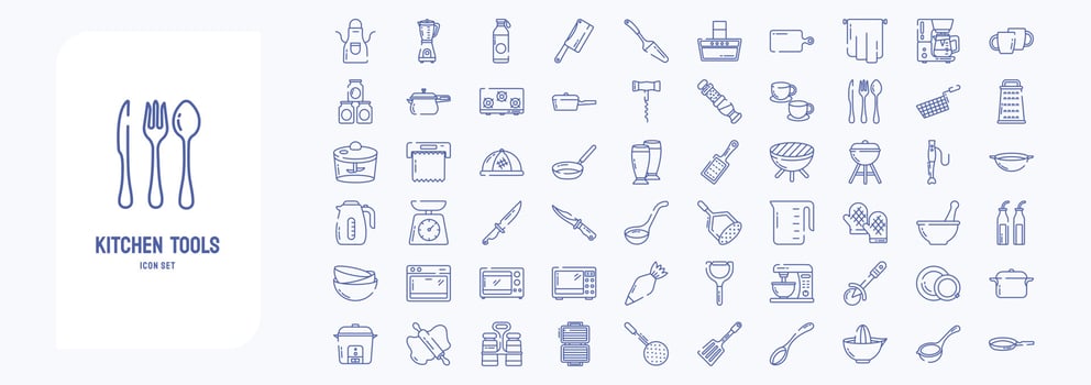 Kitchen Tools, including icons like Apron, Butcher knife, Cooker, Coffee mug and more vector