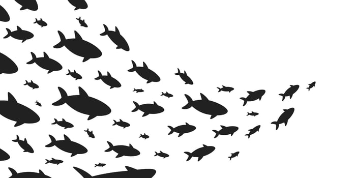 Silhouettes school of fish with marine life of various sizes swimming fish flat style design vector illustration.