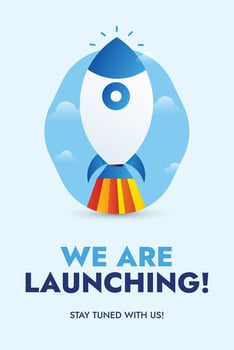 We are launching soon. Startup rocket launching with fire. Ready, Set, Launch. Announcement webpage featuring a rocket launching with fire We are coming. Join now to learn more. launch Website poster vector