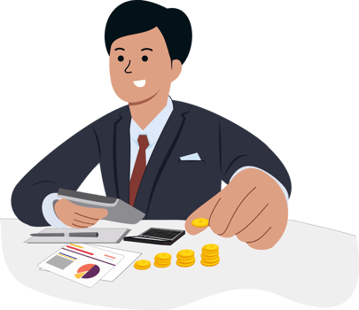 illustration of office worker working calculating income. office man analyzing business graphs png