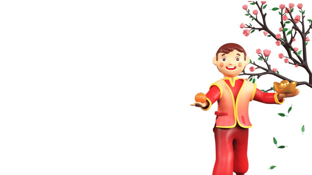 3D Render Of Chinese Young Boy Holding Ingot With Persimmon Fruit, Flower Branches And Copy Space. png
