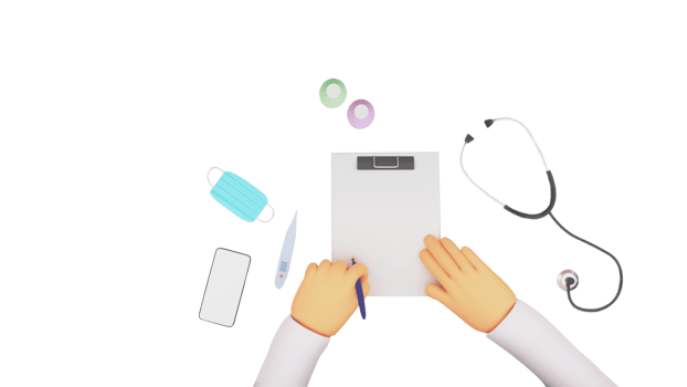 3D Render of a Doctor Hands holding a pen with Prescription Paper. Healthcare or Medical concept with stethoscope, thermometer, medical mask and blank smartphone. png