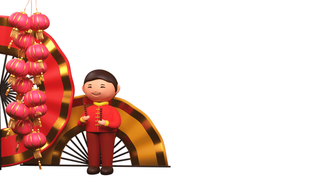 3D Render of Chinese Young Boy Holding Tanghulu Hawthorn Sticks With Hanging Traditional Lanterns, Paper Fans And Copy Space For Chinese New Year. png