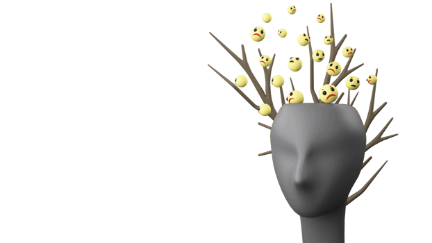 Mannequin Face With Sad Emojies, Bare Tree Or Branch In Open Head And Copy Space For Mental Healthcare Concept. png