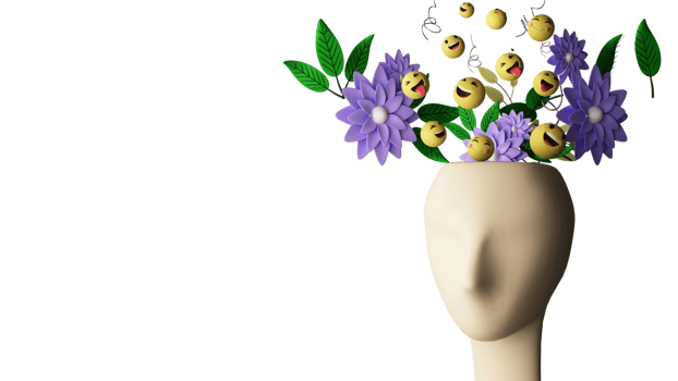 Mannequin Face With Happy Emojis, Flowers, Leaves, Mental Healthcare. png