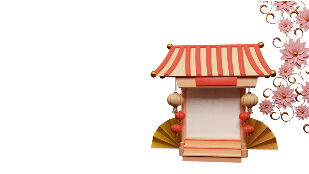 3D Render Of Chinese House Or Temple Decorated By Traditional Lanterns With Paper Fans, Beautiful Flowers And Copy Space. png