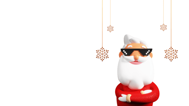3D Render Of Santa Claus Wearing Goggles And Golden Snowflakes Hang With Copy Space. png