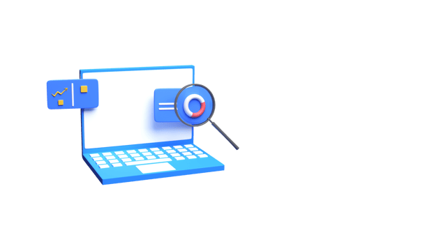 3D Render of Laptop Screen With Magnifying Glass, Infographic Diagram. png