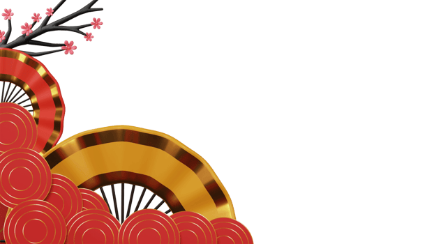 3D Render Of Chinese Fans With Round Shapes, Sakura Branch And Copy Space. png
