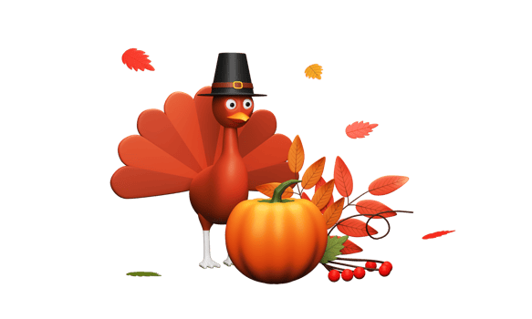 3D Render of Turkey Bird wearing Pilgrim Hat with Pumpkin, Autumn Leaves, Berry for Thanksgiving Celebrations Concept. png