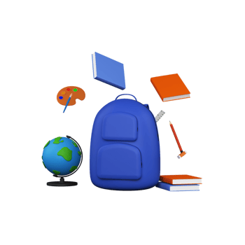 3D Render Of School Supplies, Bag, Books, Colouring Plate and World Map Globe and Space for your text. png