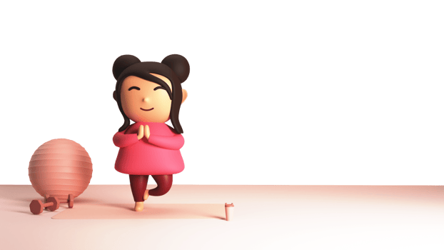 3D Young Girl Practicing Yoga Vrikshasana, Ball, Dumbbell, Drink Cup And Copy Space. png