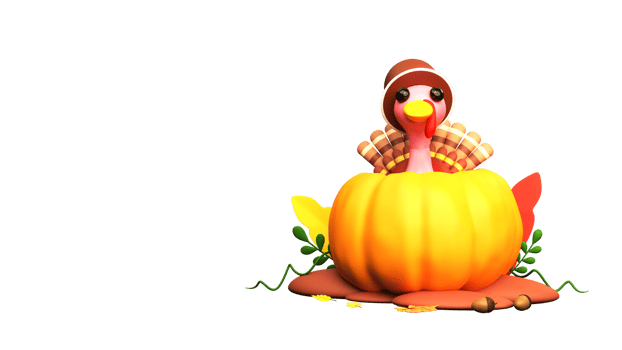 3D Render of Turkey Bird Peeping Out From a Pumpkin, Colorful Leaves for Thanks Giving Festival Celebration. png