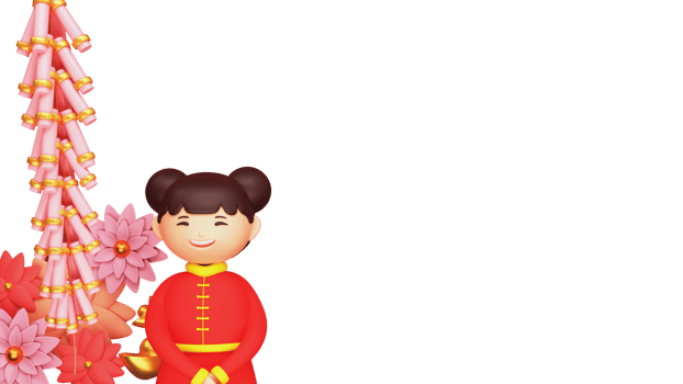 3D Render Of Chinese Young Girl Character With Flowers, Firecracker, Ingot And Copy Space. png