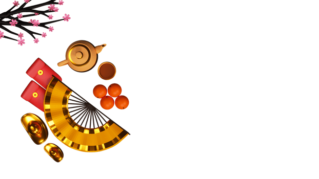 3D Top View of Chinese Paper Fan With Ingots, Envelopes, Teapot, Cup, Persimmon Fruit, Flower Branch And Copy Space. png