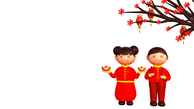 3D Render of Chinese Kids Holding Ingot With Tanghulu Sticks, Traditional Lanterns Hang, Sakura Branch And Copy Space For Chinese New Year Concept. png
