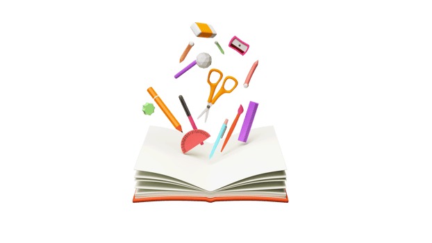 3D Render Of School Supplies, with an Open Book and School Stationeries. png