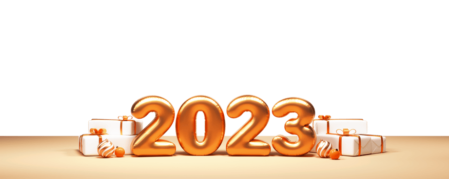 3D Balloon 2023 Number With Gift Boxes, Baubles On Bronze Background png