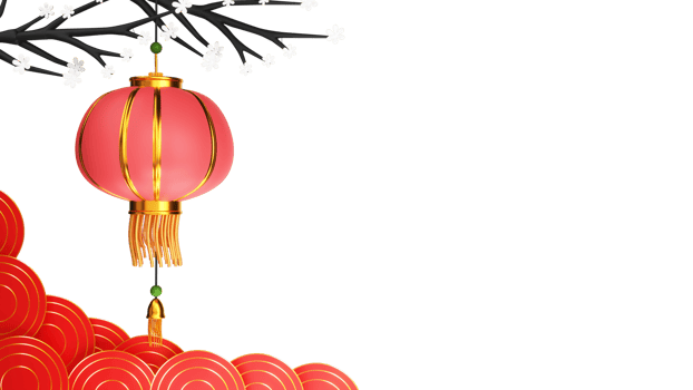3D Chinese Lantern Hang With Flower Branch, Round Shapes And Copy Space. png