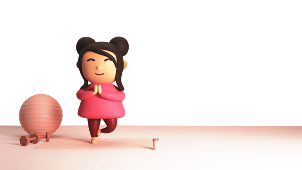 3D Young Girl Practicing Yoga Vrikshasana, Ball, Dumbbell, Drink Cup And Copy Space. png