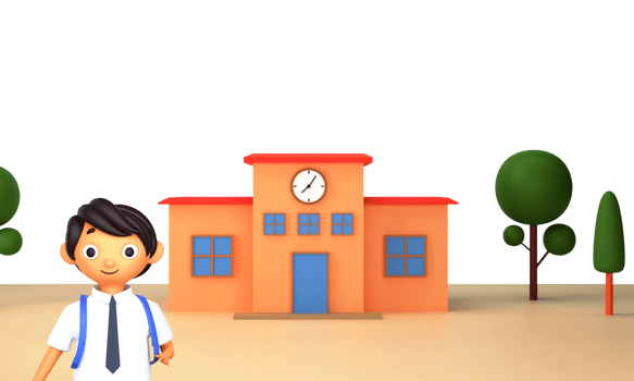 3D Render of a Character, School Boy Standing infront of School and Green Trees. Back to School Concept. png