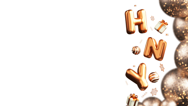 3D Golden Balloon HNY Alphabet With Gift Boxes, Baubles, Snowflakes, Stars. png